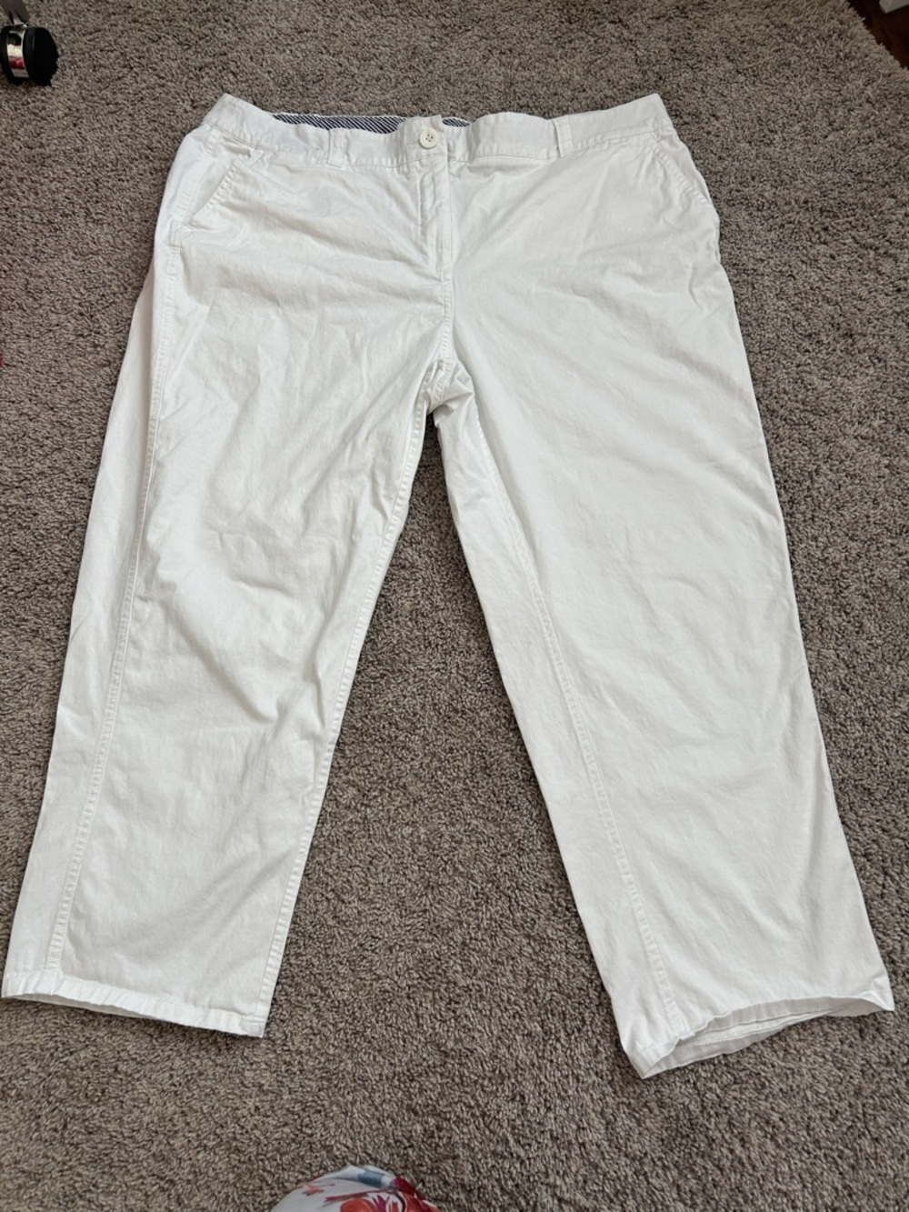 crown & ivy White Cotton Pants with Navy Trim
